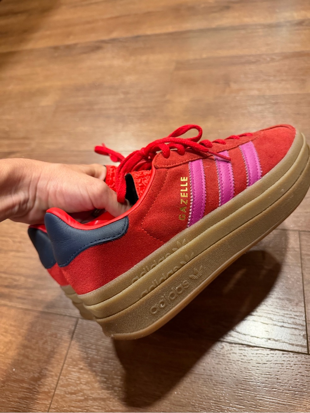 adidas Red Suede Platform Sneakers with Pink Stripes - Picture 3 of 5